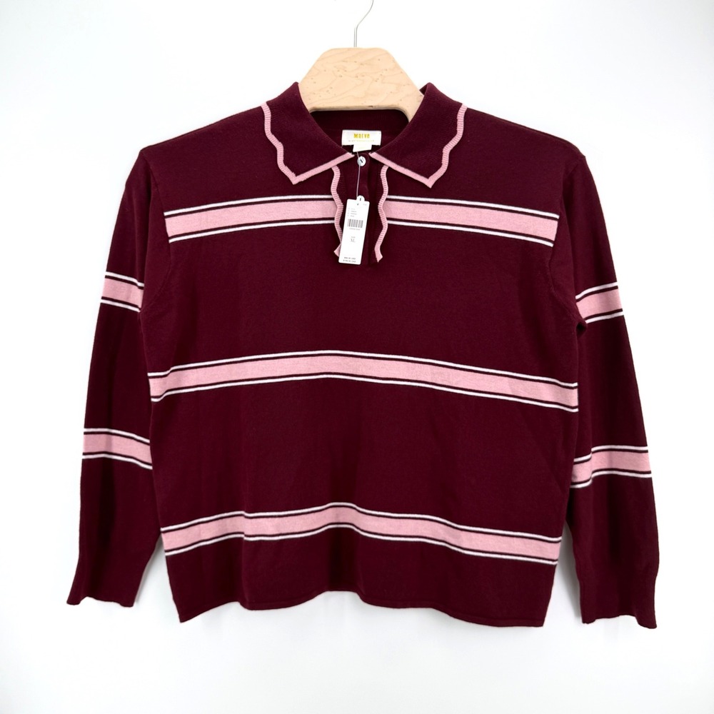 Maeve Anthropologie Knit Polo Women XL Wine Pink Scalloped Stripe Ruffle Sweater - Picture 1 of 12